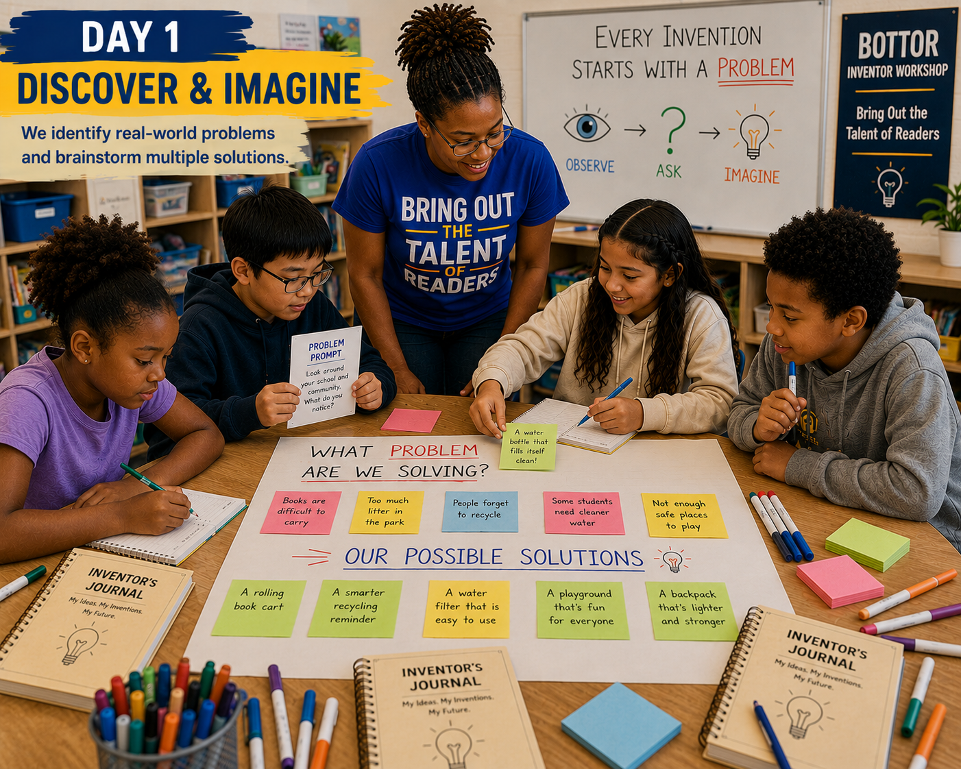 Day 1: Discover & Imagine — students and a facilitator brainstorming real-world problems on a poster, surrounded by Bottor Inventor's Journals