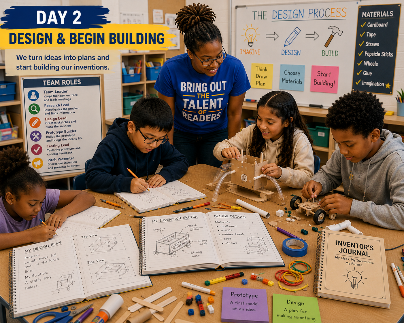 Day 2: Design & Begin Building — students sketching invention designs in their Inventor's Journals and starting to build prototypes