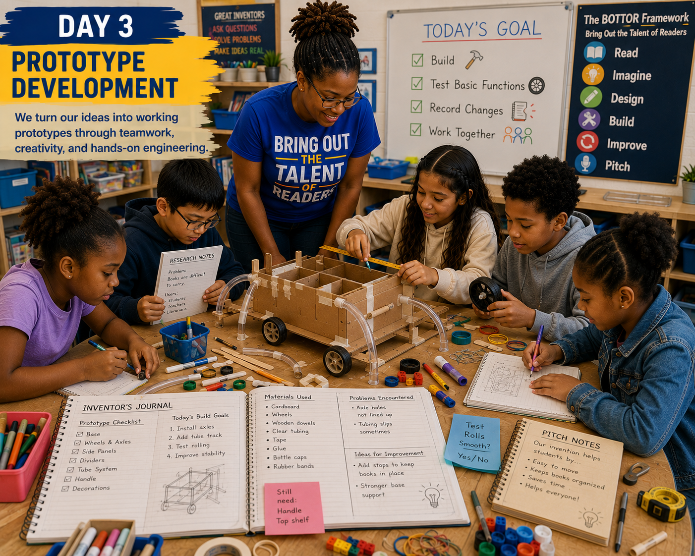 Day 3: Prototype Development — students building their prototypes with hot glue, wheels, and craft materials