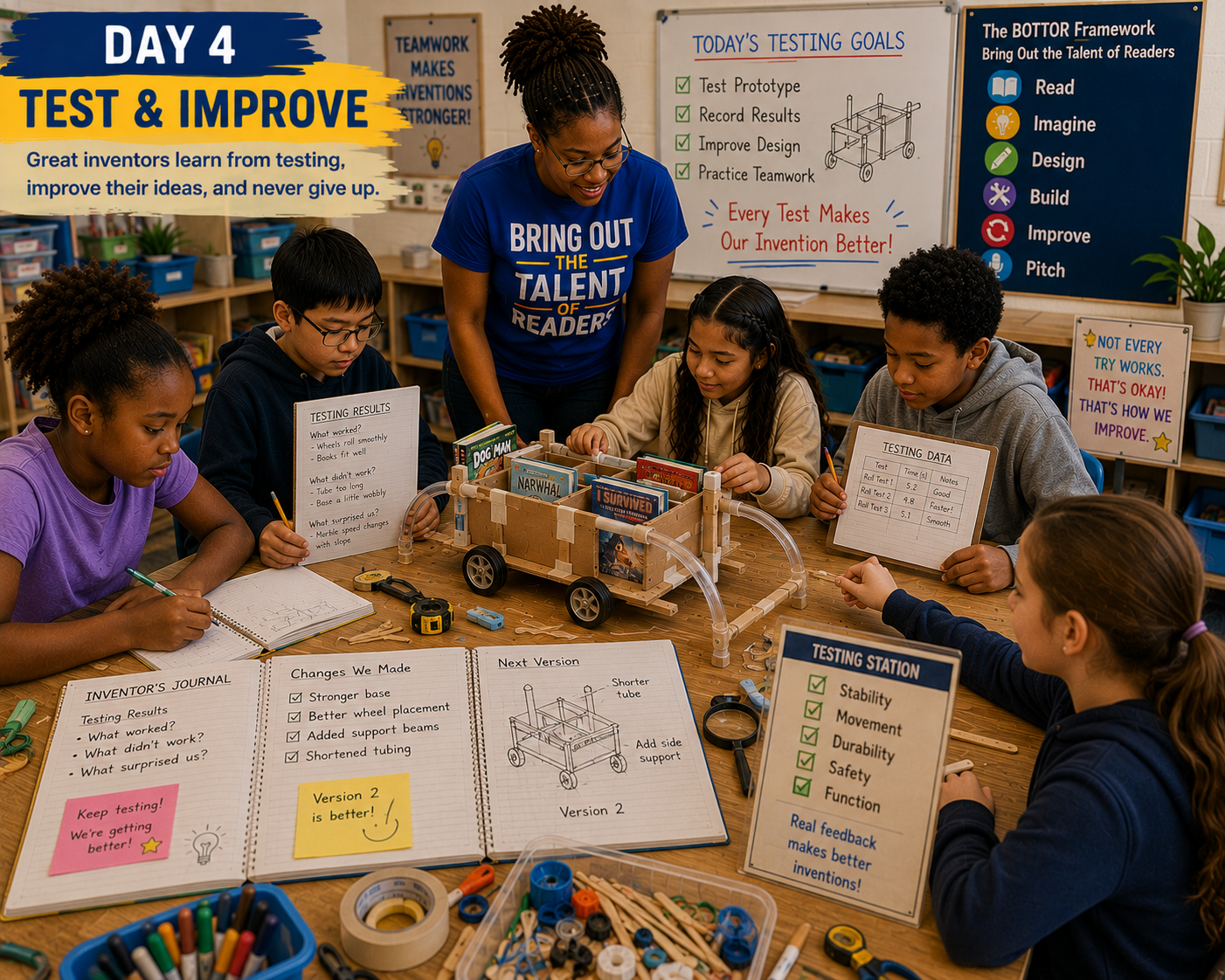 Day 4: Test & Improve — students testing their rolling book cart prototype, recording results, and planning improvements in their Inventor's Journals