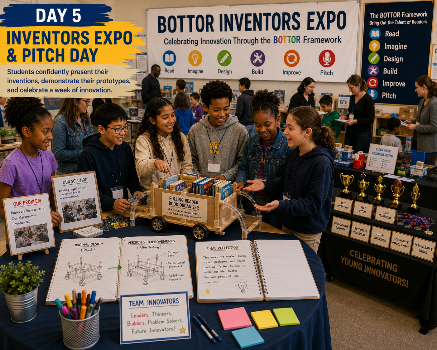 Day 5: Inventors Expo & Pitch Day — students presenting their Rolling Reader Book Organizer prototype at the Bottor Inventors Expo, with award trophies on display
