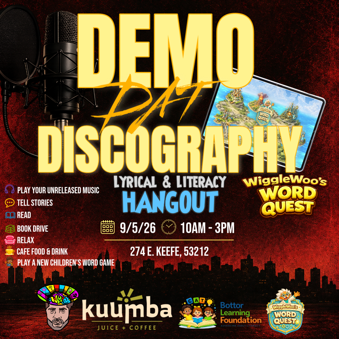 Demo Dat Discography — Lyrical & Literacy Hangout flyer, September 5, 2026, 10AM–3PM, 274 E. Keefe, Milwaukee WI 53212