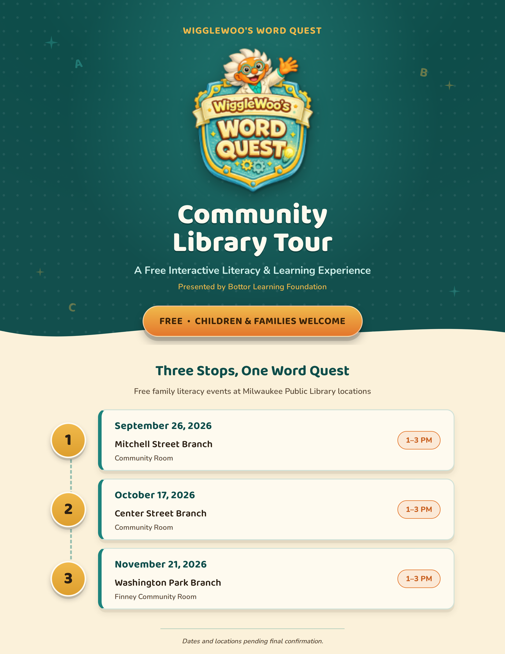 WiggleWoo's Word Quest Community Library Tour — three free family literacy events at Milwaukee Public Library locations, September through November 2026